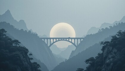 Obraz premium Majestic sunset over mountain bridge serene landscape digital art tranquil environment wide angle view nature's beauty