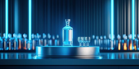 Elegant glass decanter with shot glasses against a vibrant blue-lit bar backdrop.