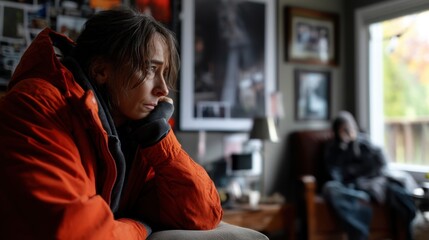 Obraz premium Thoughtful woman in casual outdoor wear sitting indoors reflecting with a pensive expression
