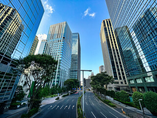 都会の高層マンションと青空と白い雲と緑の植物、昼