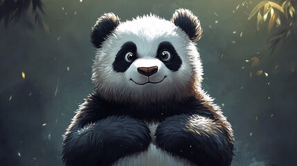 Fototapeta premium Happy panda in bamboo forest, digital art, children's book illustration