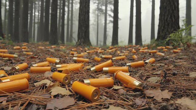 Shotgun Shells Scattered on Forest Floor Among Pine Needles and Leaves in Foggy Woods, Indicating Hunting or Shooting Activity