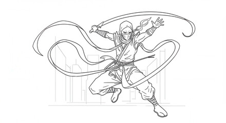 Obraz premium Ninja warrior in action with flowing ribbons for an exciting coloring page. 