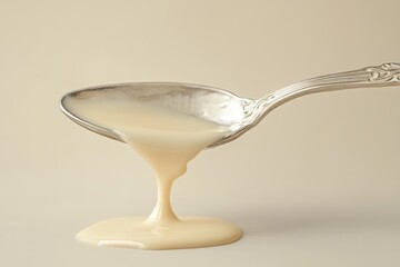 Creamy liquid pouring from an ornate silver spoon onto a beige surface.