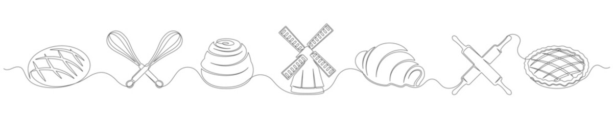 Bakery continuous one line drawing set isolated on a white background. Horizontal banner. Whisk, rolling pin, windmill elements. Outline bakery collections. Vector illustration