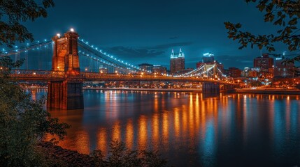 A suspension bridge spans the river at night with city lights