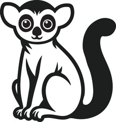 Cute Black and White Lemur Cartoon Sitting with Big Eyes and Curled Tail in Jungle Wildlife Illustration Style
