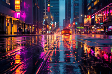 Obraz premium Cyberpunk cityscape creates an awe inspiring scene with neon lights reflecting on wet asphalt, feeling vibrant and futuristic along rainy city street