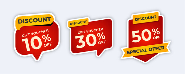 Three red discount labels with 10, 30, 50
off.