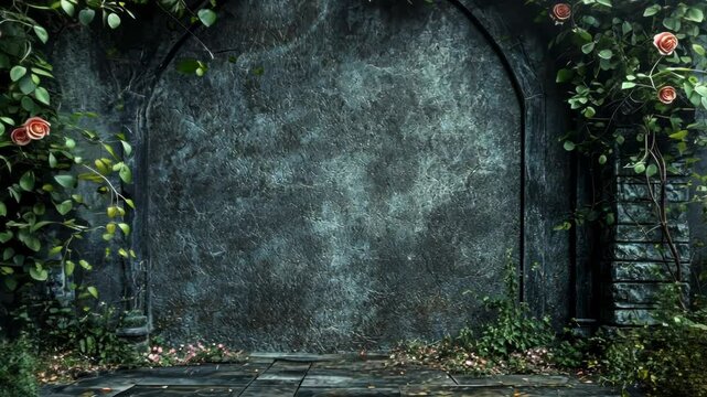 Stone archway, overgrown with roses, garden setting