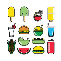 Set of 10 summer food and drinks vector icons in solid colors