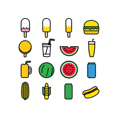 Set of 10 summer food and drinks vector icons in solid colors