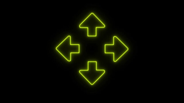Neon-glowing directional sign. An attention label glows on the brick wall's background. Right, Left, Up and down neon arrows eon arrows or direction icon animation.