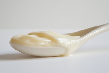 Creamy, thick, pale yellow substance in a spoon; possibly yogurt or sauce.