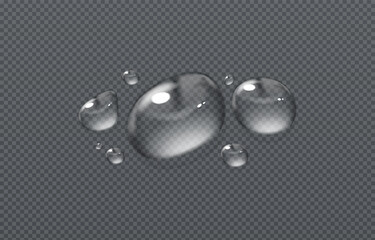 Abstract water droplets on a transparent background, designed in a vector style. Clean and realistic shapes with soft highlights create a sense of freshness and lightness. Perfect for designs related