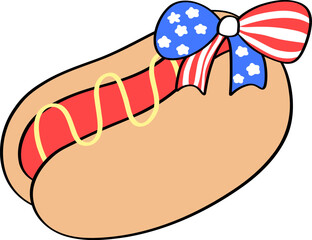 Hot Dog Sandwich with Bow in American Flag Pattern Doodle Outline