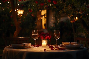 Romantic Candlelit Dinner Setup for Two with Red Roses
