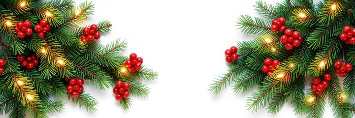 Decorative Christmas border with coniferous branches, garlands of lights, seamless design, border, Christmas