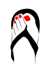 Woman feet with red nails and sandals line drawing isolated on white background - vector illustration