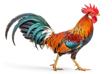 Fototapeta premium A vibrant rooster, a majestic display of plumage in fiery orange, deep teal, and rich black, proudly standing against a stark white background.