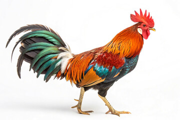 Fototapeta premium A vibrant rooster, a regal display of iridescent plumage against a stark white backdrop, showcasing its proud and majestic stance.