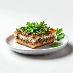 Turkish etli ekmek flatbread with minced lamb and herbs on white background