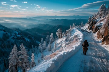 Winter hiker mountain summit path