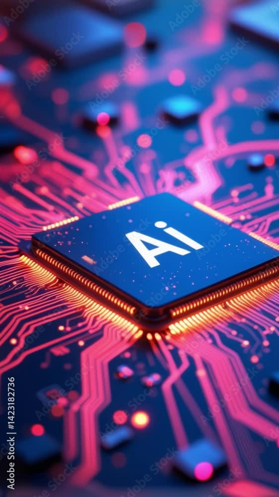 Poster AI word on microchip and colorful light spread with strong beam , AI concept with copyspace banner background, Generative AI
