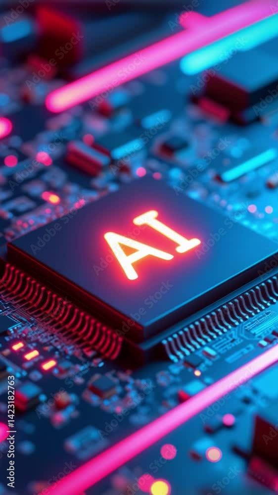 Poster AI word on microchip and colorful light spread with strong beam , AI concept with copyspace banner background, Generative AI