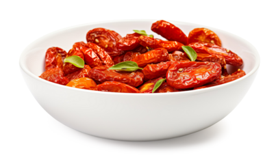  tasty sun dried whole tomatoes in oil, with pumpkin seeds and herbes in a bowl on a transparent background