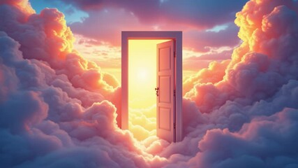 An open door floating in a surreal sky with vibrant colors, inviting new opportunities and fresh beginnings possibility, fresh start concept