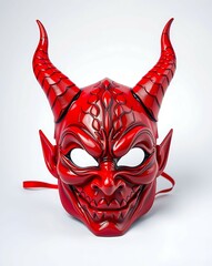 Red devil mask with horns and pointed ears on a white background.