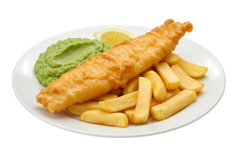 Crispy Fish and Chips with Mushy Peas on Transparent  background