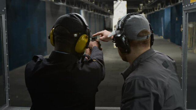 Rear medium closeup of African American trainee security officer in black uniform learning to shoot handgun at range, aiming at target and firing, male instructor observing technique and giving advice