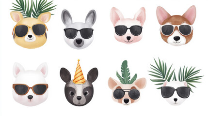 Cool animal faces wearing sunglasses with tropical leaf accents, set of eight...