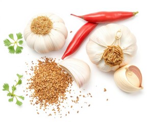 Fresh garlic bulbs with vibrant purple skin isolated on a white background, kitchen, isolated