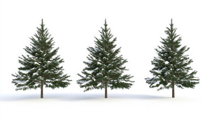Fototapeta premium Three snow-dusted evergreen trees standing against a stark white background...