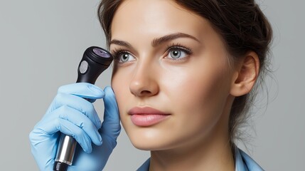 Skin doctor checking moles with dermatoscope