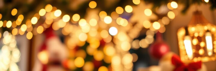 Fototapeta premium Glowing string of Christmas lights hanging on a blurred background, bright, illuminated