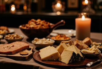 Gourmet cheese platter with assorted snacks and warm ambiance  