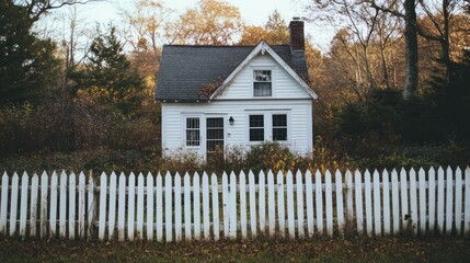 Fototapeta premium A small white house nestled behind a white picket fence