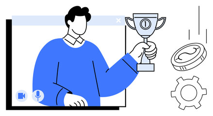 Person holding a trophy in a virtual meeting frame, alongside a coin and gear graphic. Ideal for success celebration, teamwork, leadership, motivation, innovation, recognition, simple landing page