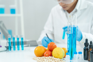 Scientist check chemical food residues in laboratory. Control experts inspect quality of vegetables  vegetables. lab, hazards, find prohibited substances, contaminate, Microscope, Microbiologist.