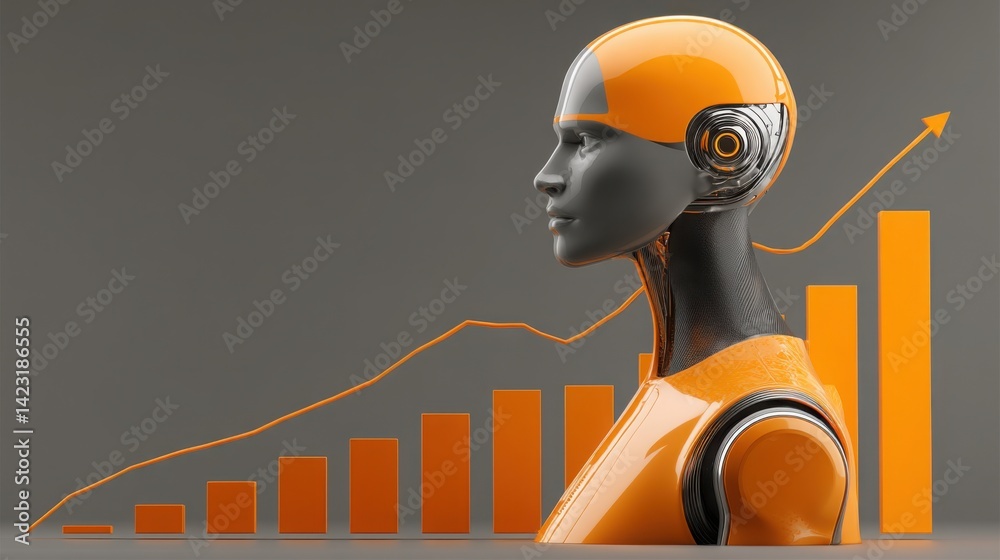 Poster robot holding a graph with a rising bar chart symbolizing growth driven by artificial intelligence a
