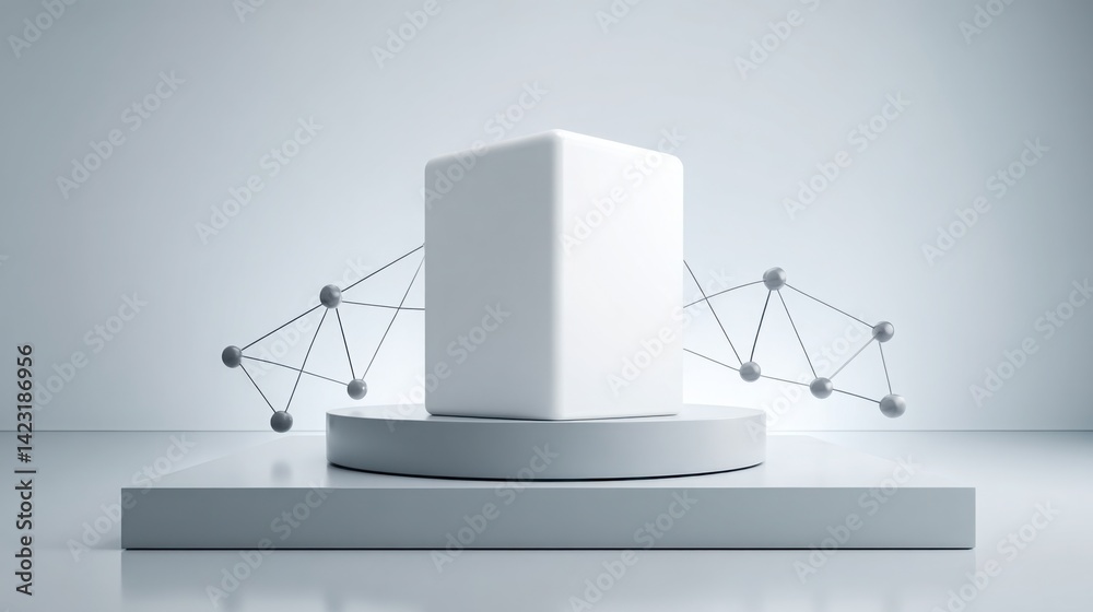 Poster white pedestal with a solid base symbolizing the stability of blockchain nodes in decentralized netw
