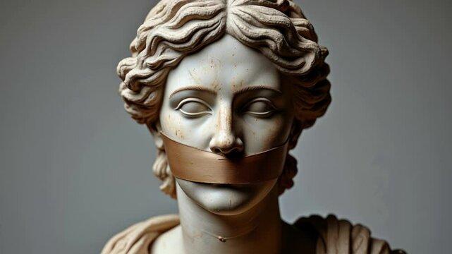 A Greek statue with mouth covered by tape symbolizes suppressed freedom and expression