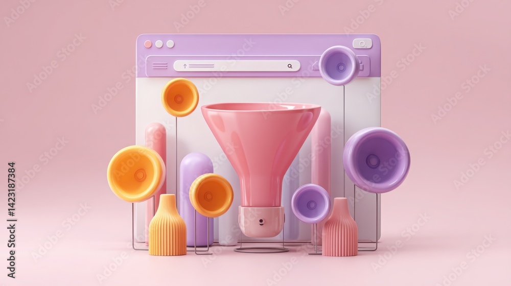 Poster elegant pink vase surrounded by a variety of colored vases inside a browser window representing web 