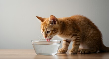 Ginger Tabby Kitten Lapping Water from Clear Glass Bowl with offwhite Backdrop and 50mm Lens Capturing Ripple Details