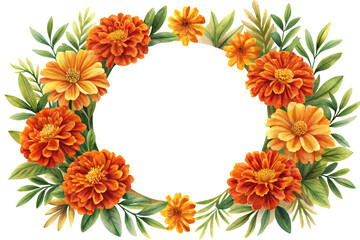 Fototapeta premium Watercolor Wreath of Orange and Yellow Marigold Flowers with Green Leaves