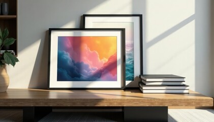 Fototapeta premium Black frame collection on a sleek wooden coffee table, black frames, wood table